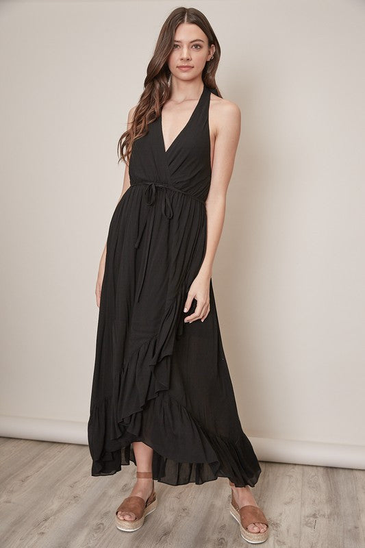 ASHLEY ASYMMETRIC RUFFLE HALTER DRESS