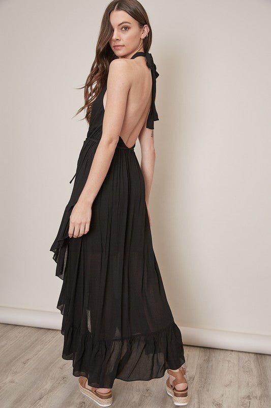 ASHLEY ASYMMETRIC RUFFLE HALTER DRESS