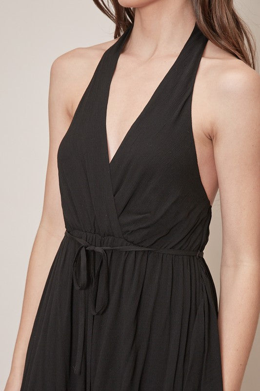 ASHLEY ASYMMETRIC RUFFLE HALTER DRESS