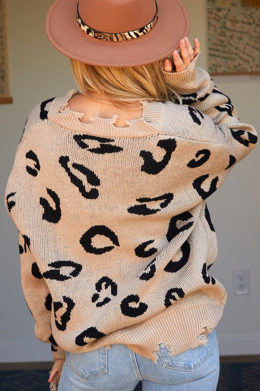 Distressed Leopard V Neck Knit Sweater