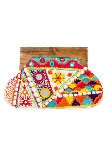 Boho Embroidered Pattern Wood Frame Clutch