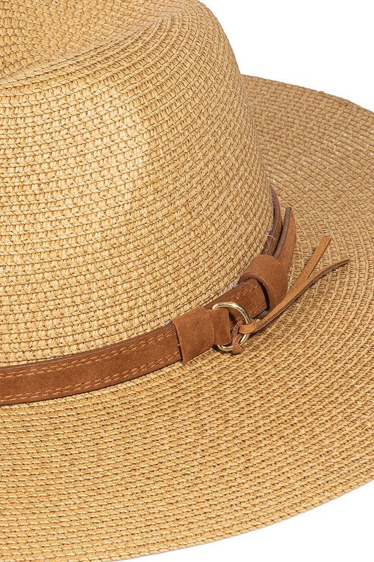 Faux Leather Belt Straw Fedora Hat