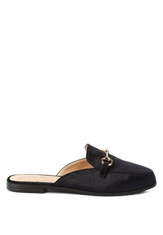 Velvet Buckled Flat Mules