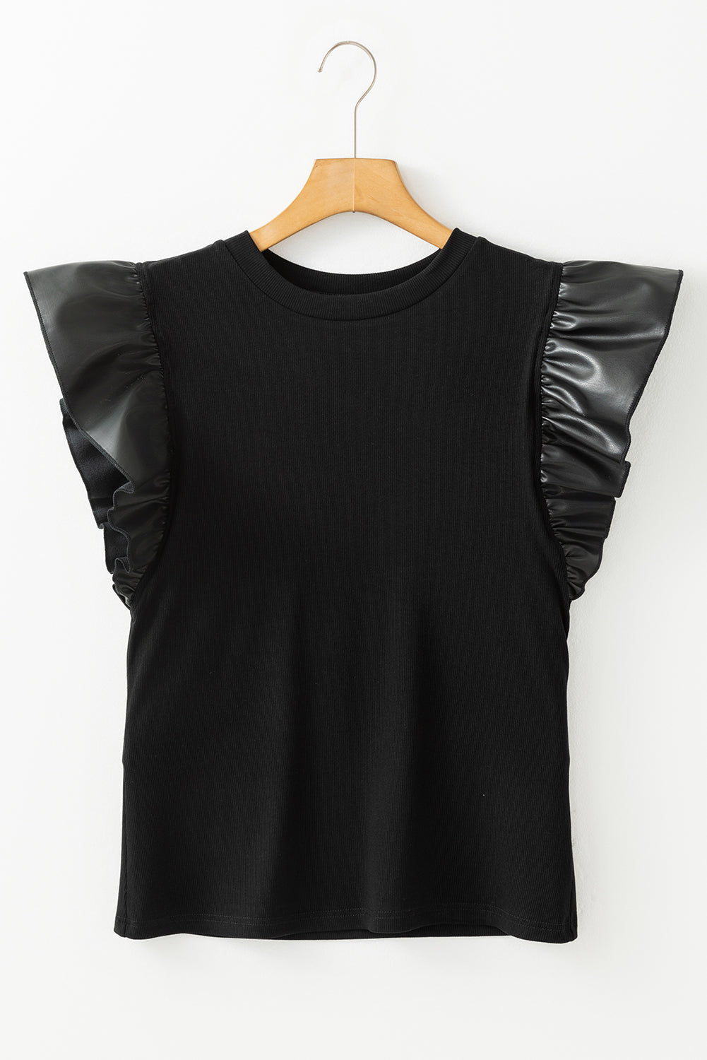 Black Leather Ruffle Shoulder Plain Blouse