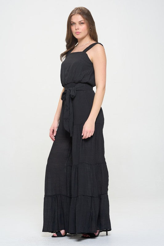 PLUS ELASTIC STRAP TIERED JUMPSUIT