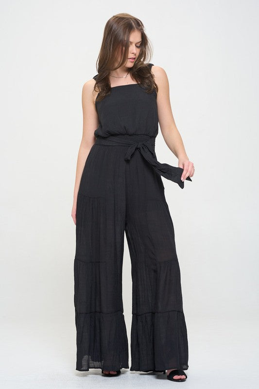 PLUS ELASTIC STRAP TIERED JUMPSUIT