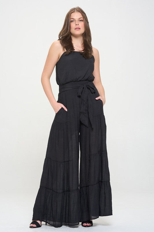 PLUS ELASTIC STRAP TIERED JUMPSUIT