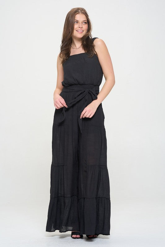 PLUS ELASTIC STRAP TIERED JUMPSUIT