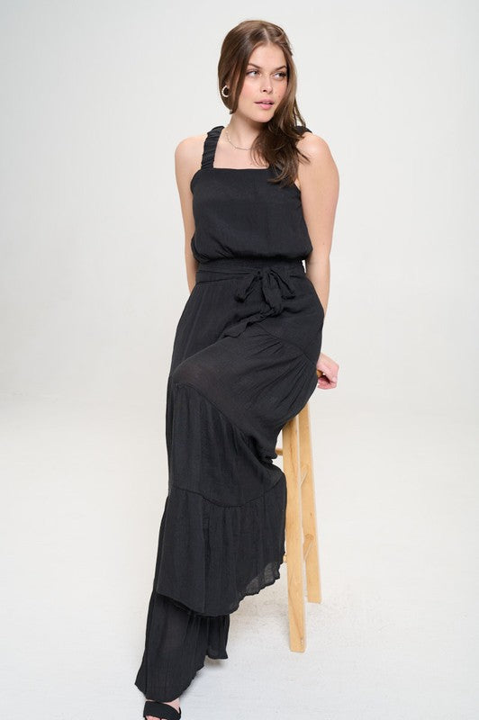 PLUS ELASTIC STRAP TIERED JUMPSUIT