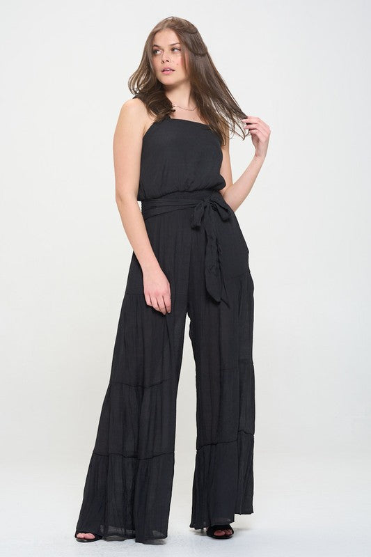 PLUS ELASTIC STRAP TIERED JUMPSUIT