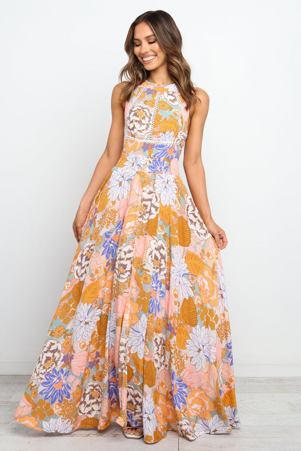 Orange Boho Floral Print Backless Lace-up Halter Maxi Dress