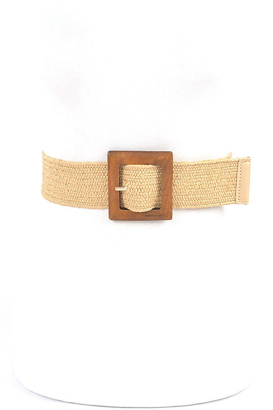 Wooden Buckle Elastic Faux Straw Fashion Belt