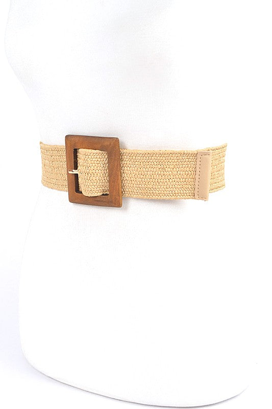 Wooden Buckle Elastic Faux Straw Fashion Belt