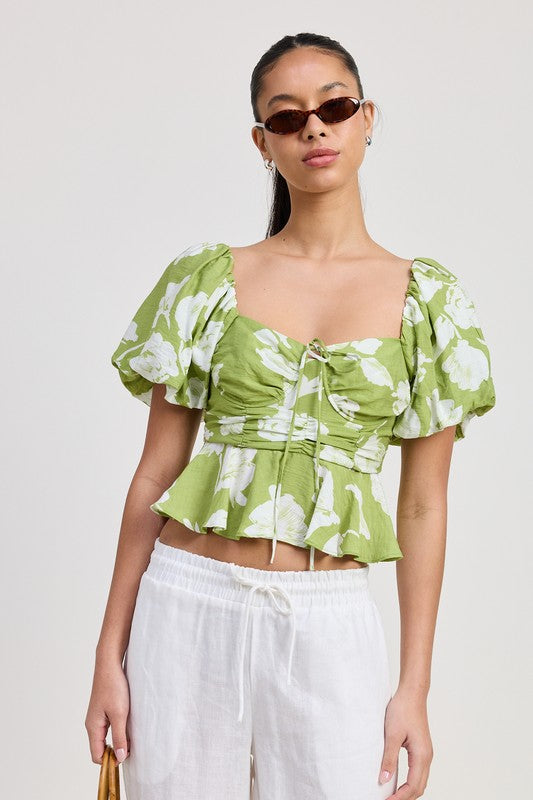 SHORT PUFF SLEEVE  FLORAL BLOUSE