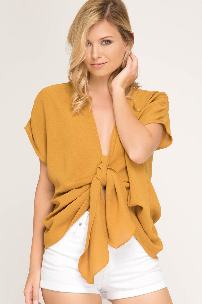 MUSTARD DONNA DROP SHOULDER TIE TOP