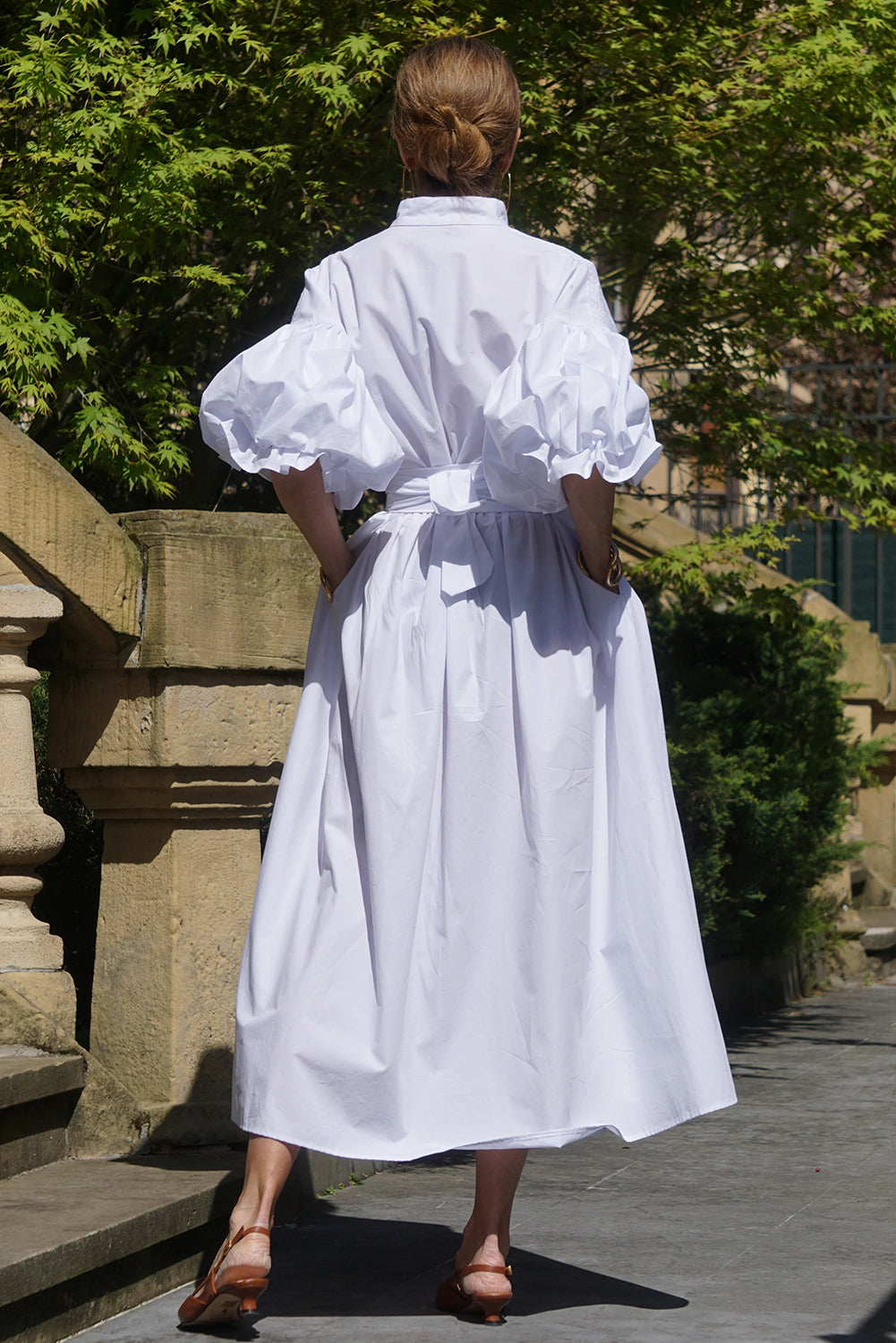 White Plain Puff Sleeve Pleated V Neck Maxi Dress