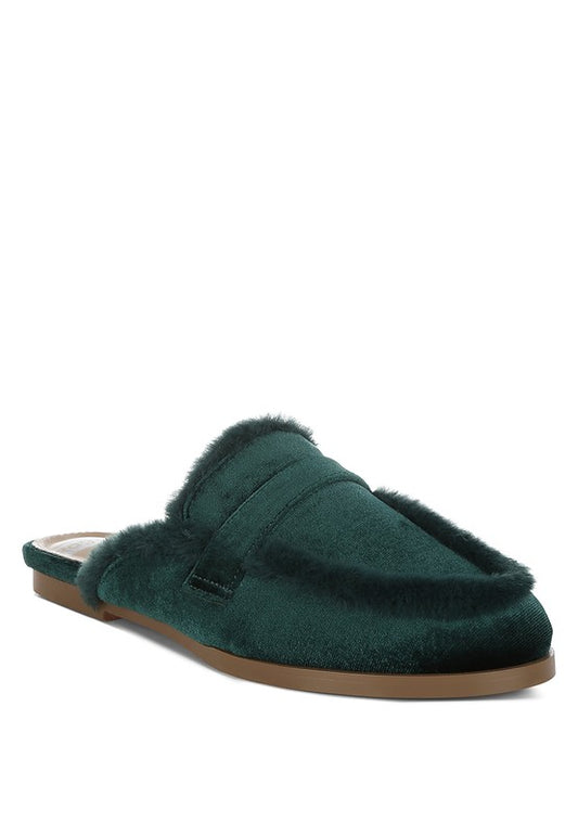 Seyhan Fur Detail Velvet Slip-On Mules