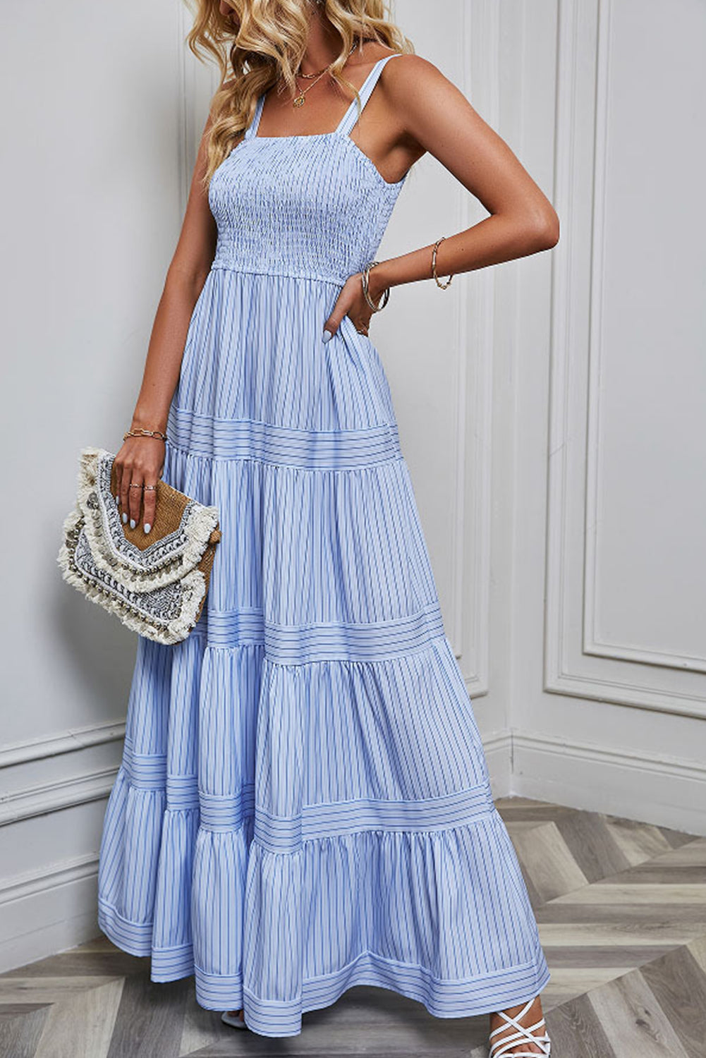 Sky Blue Stripe Shirred Sleeveless Maxi Dress