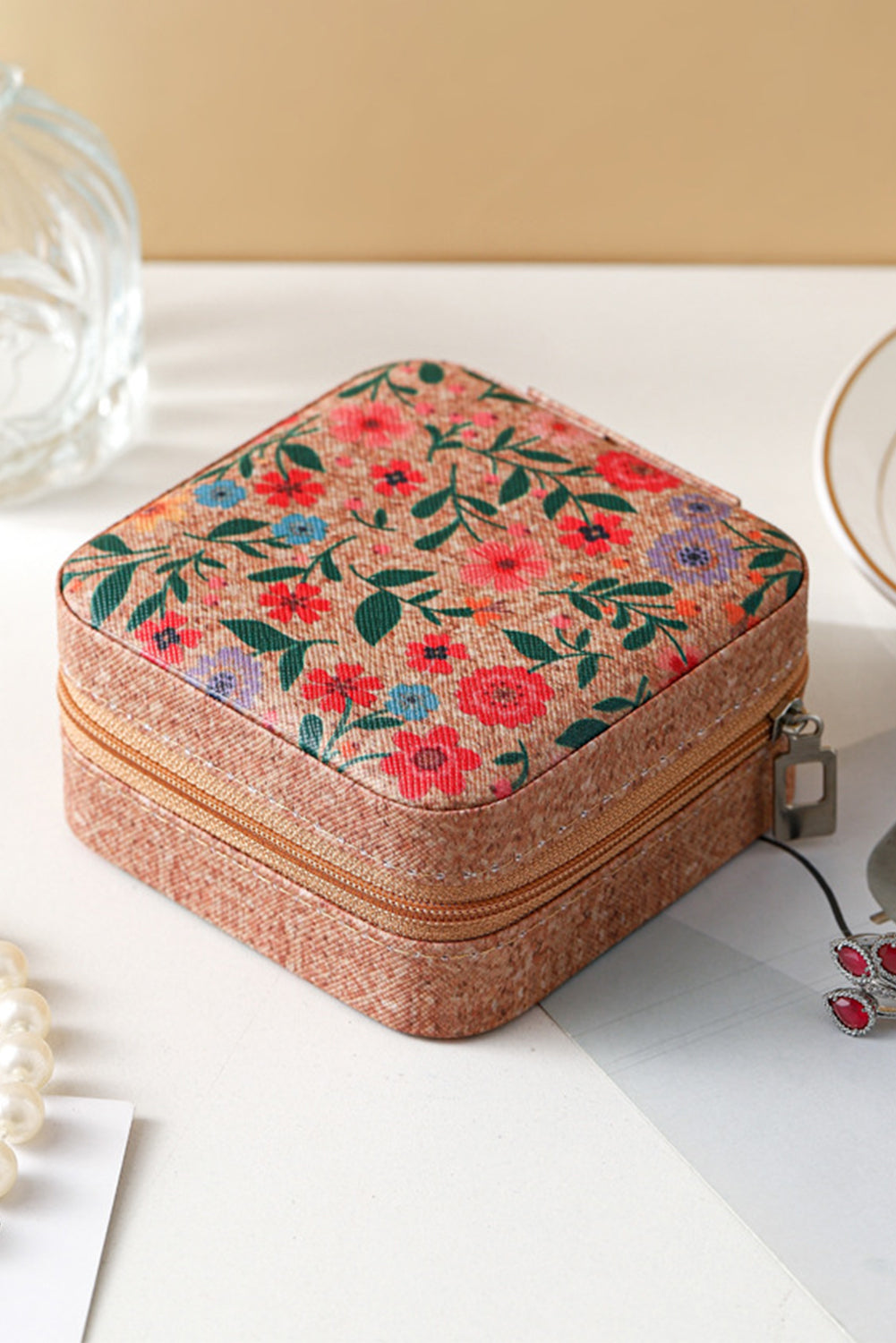 Light French Beige Retro Floral Print Portable Square Jewelry Box