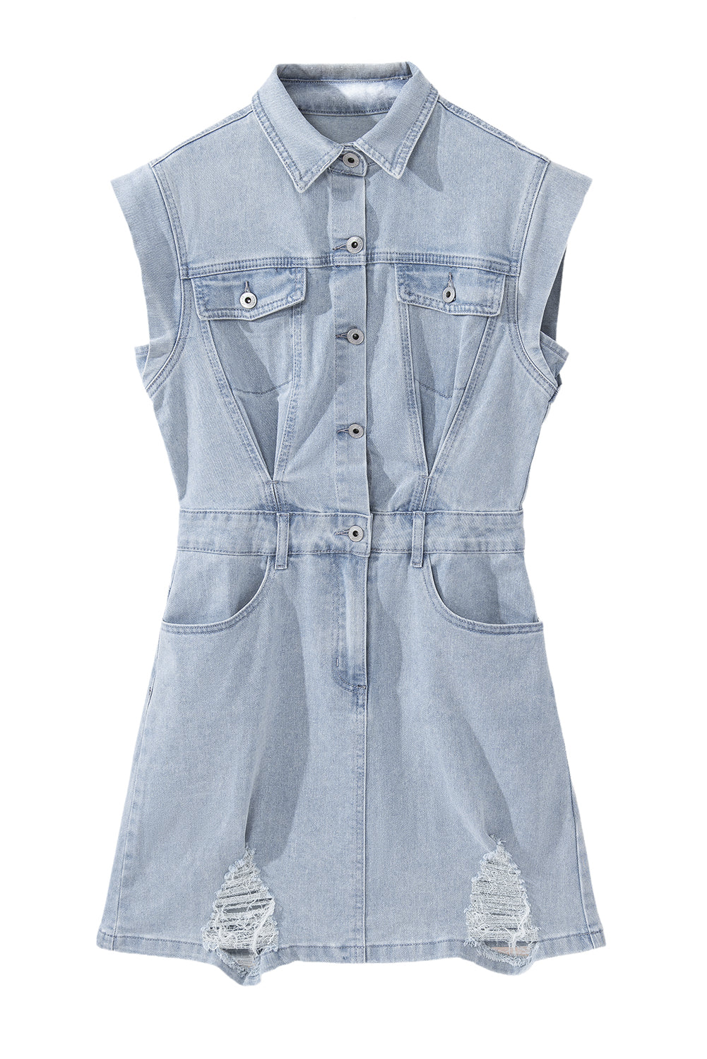 Light Blue Acid Wash Flap Pockets Frayed Denim Dress