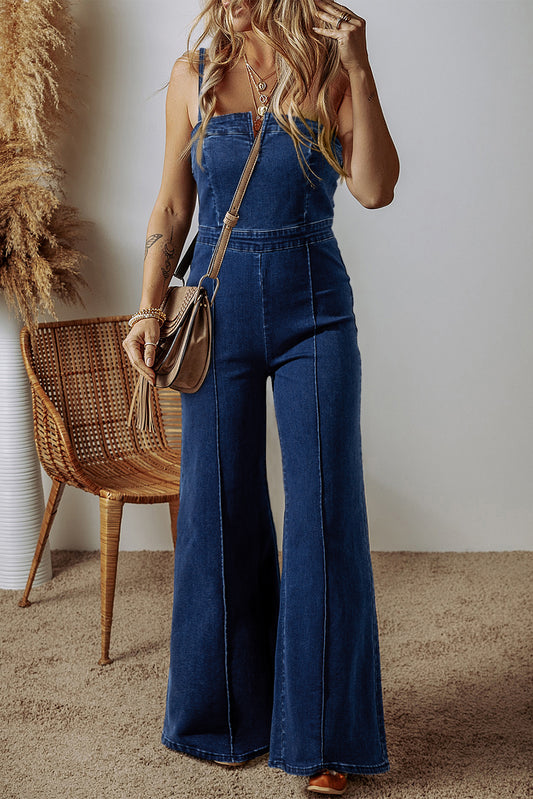 Sail Blue Seamed Zipper Spaghetti Strap High Waist Flared Jumpsuit