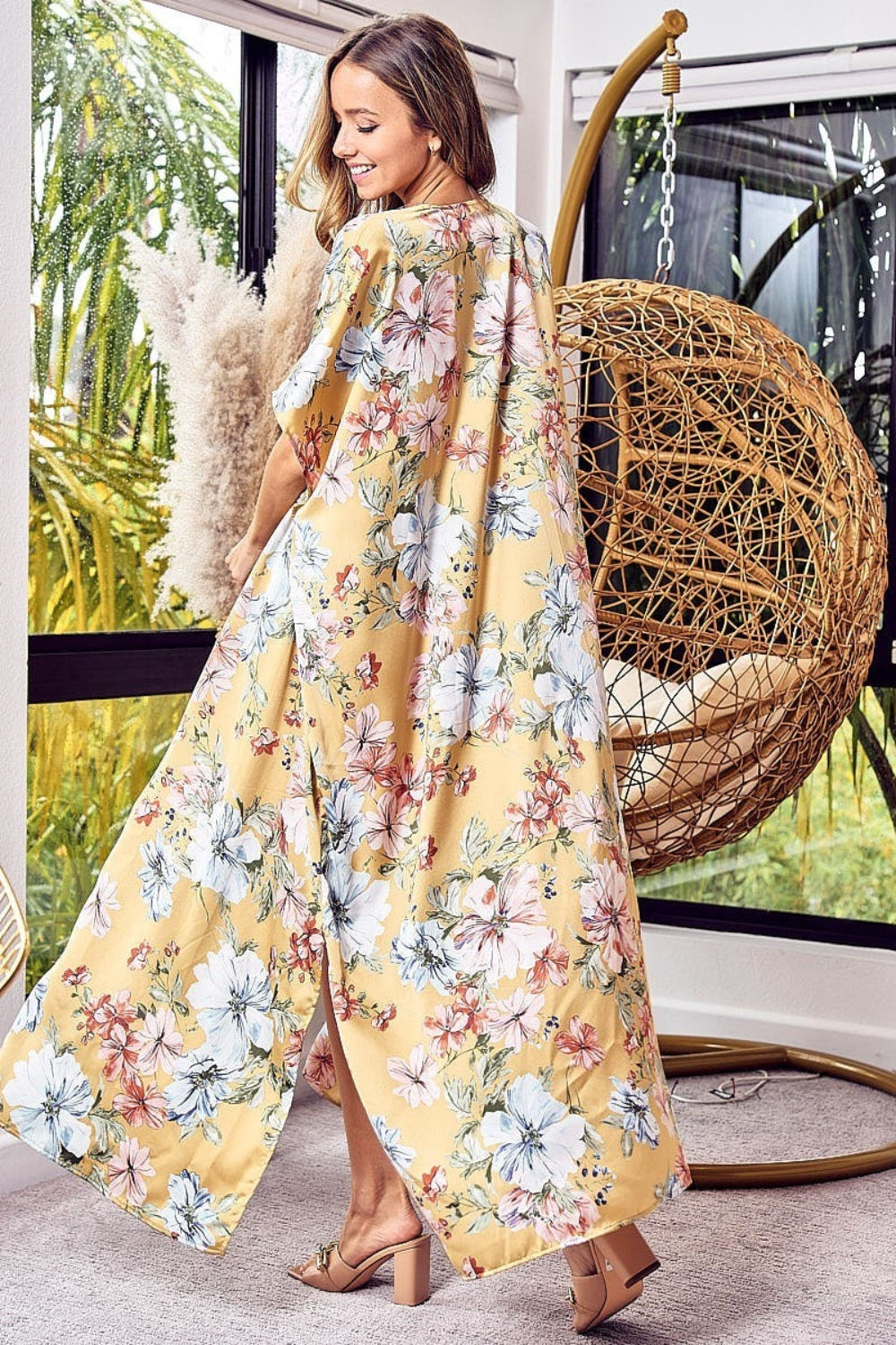 BiBi Floral Side Slit Longline Cardigan