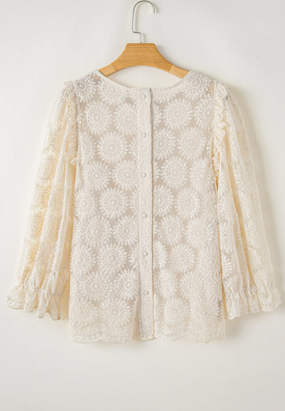 Flower Jacquard Flounce Sleeve Blouse