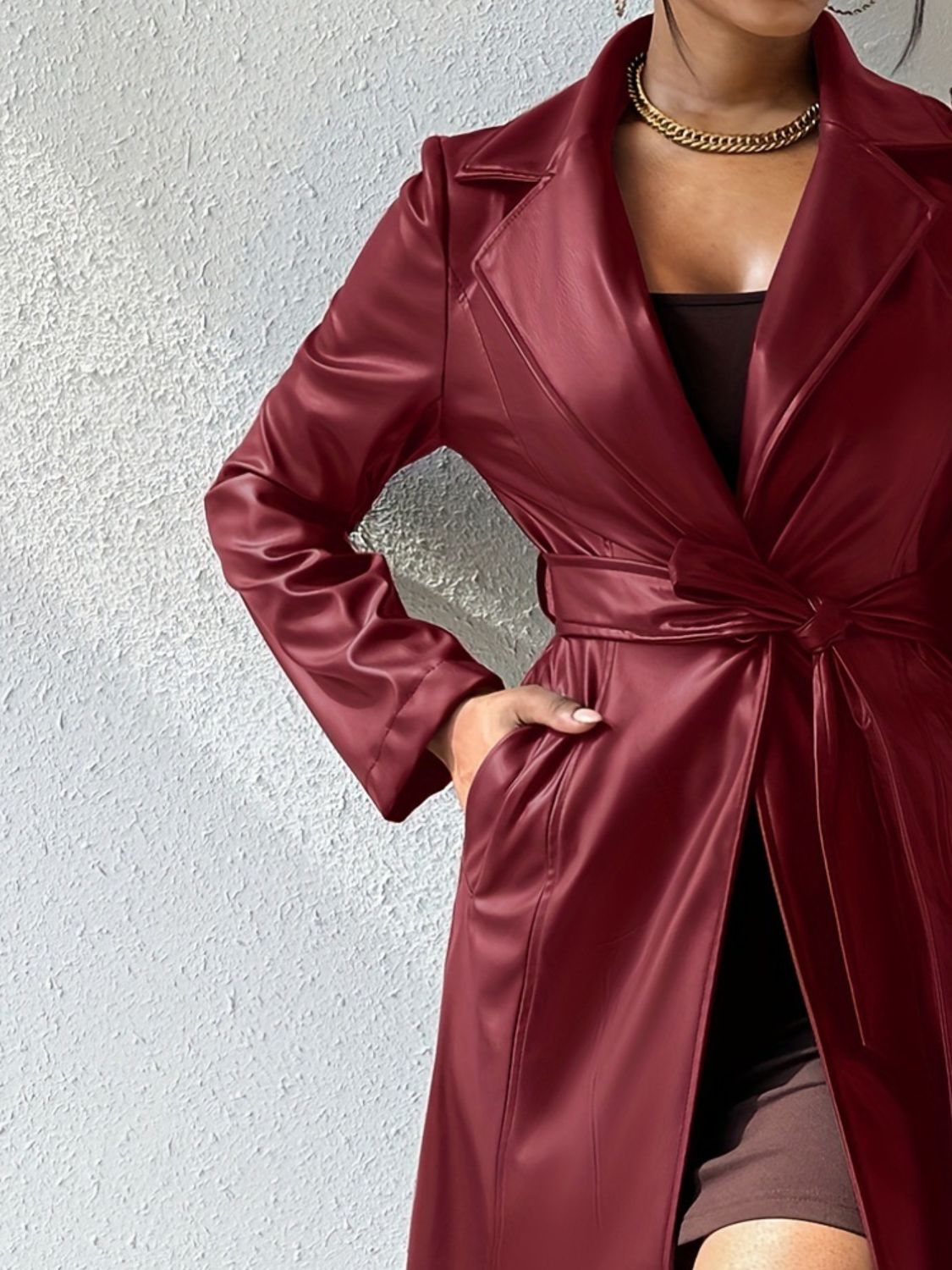 Tied PU Leather Long Sleeve Trench Coat