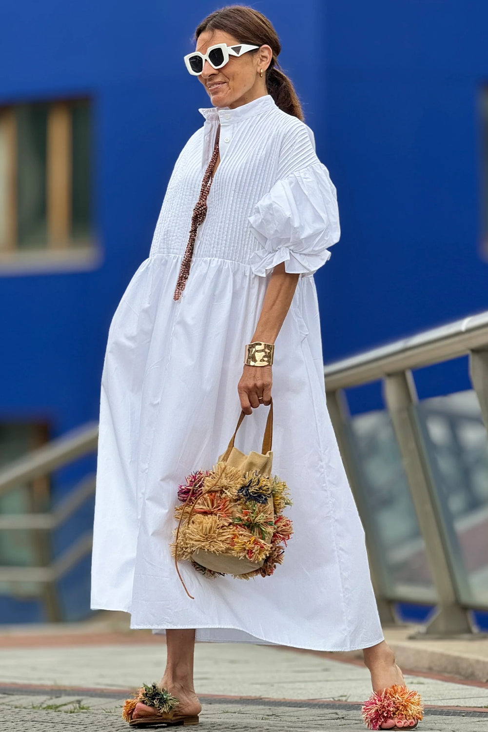 White Plain Puff Sleeve Pleated V Neck Maxi Dress