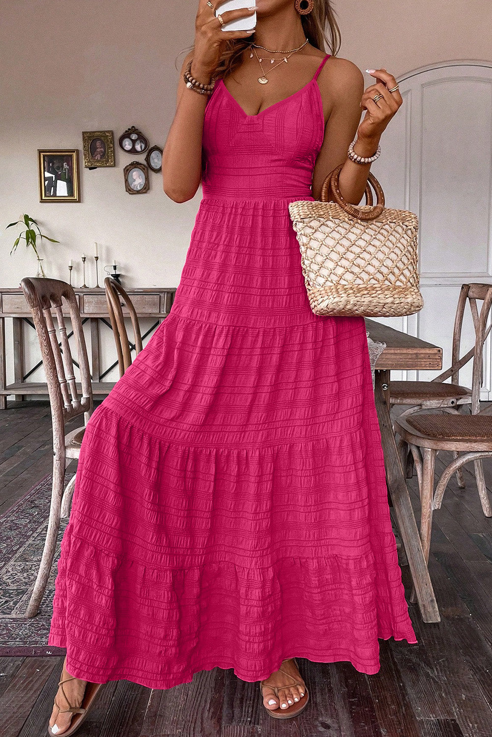 Rose Red Bow Tie Sleeveless V Neck Maxi Dress