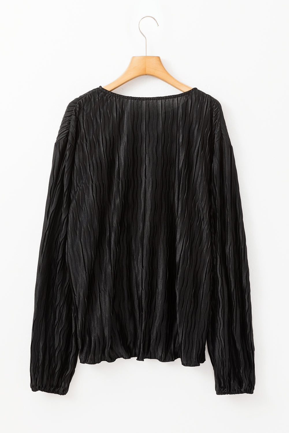 Black Textured Bubble Sleeve V Neck Loose Blouse