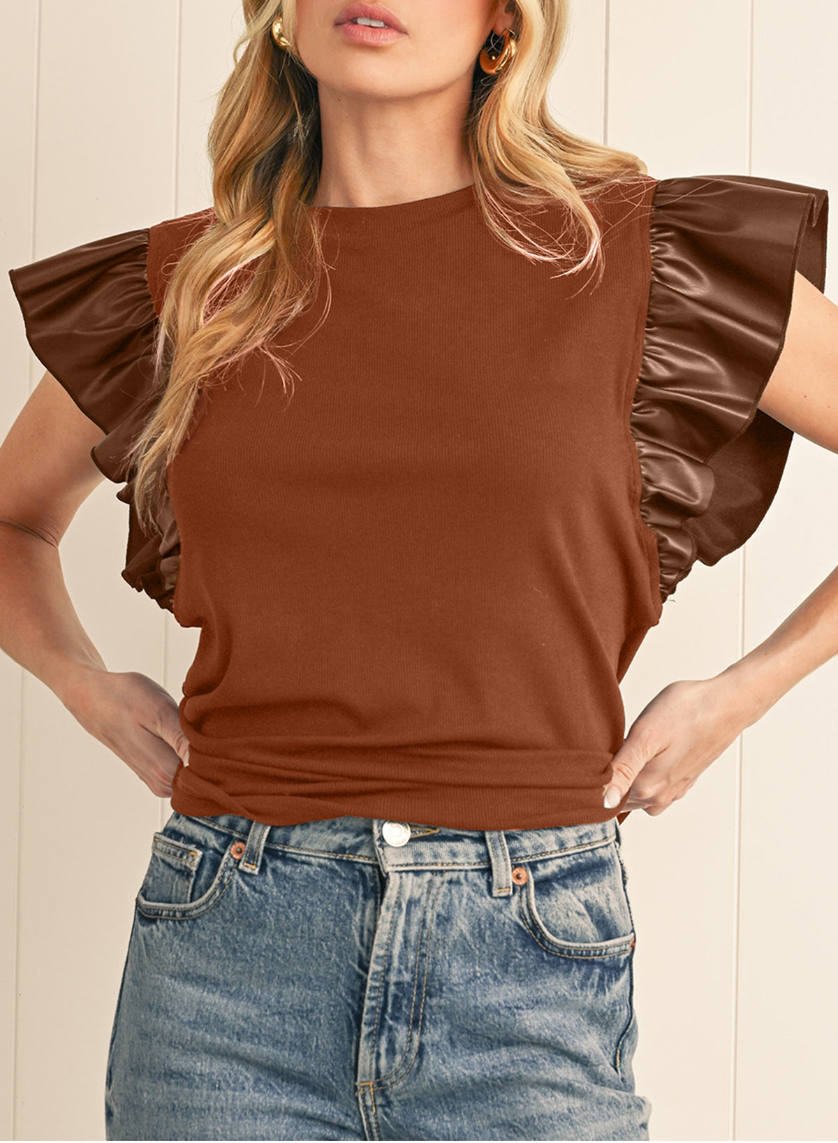 Black Leather Ruffle Shoulder Plain Blouse